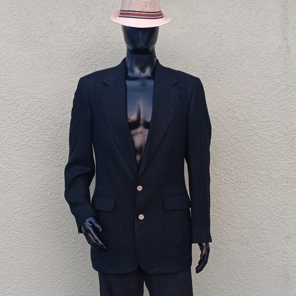 MEN'S BLACK WOOL, LINEN, SILK BLEND HERRINGBONE LUXURY BLAZER
